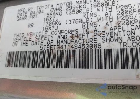 2004 Toyota Tundra Sr5 V8 from USA, damaged, VIN 5TBET34114S453086